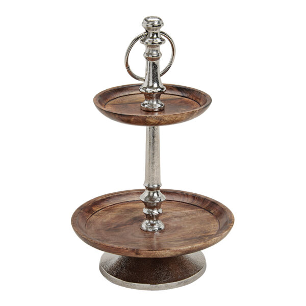 Servidor de dos niveles de madera y metal, 33 cm x 15/25 cm de diámetro.
