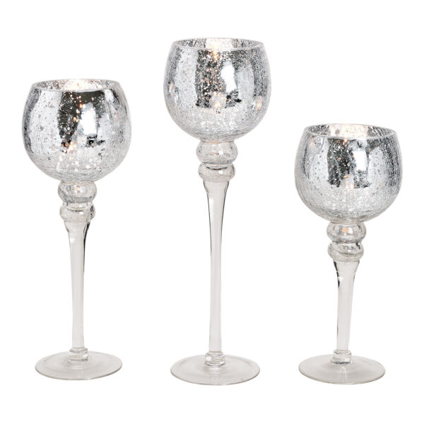 Juego de 3 faroles de viento, 30, 35, 40 cm x ø13 cm, cristal agrietado, color plata