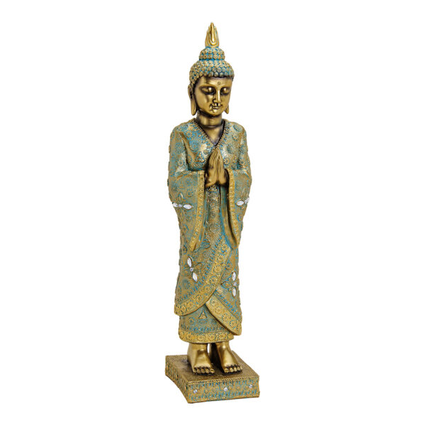 Buda de pie sobre base, poliresina, color dorado, 13x55x13cm