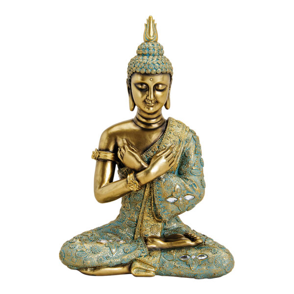 Buda sentado, realizado en poliresina, color dorado, 24x35x14cm