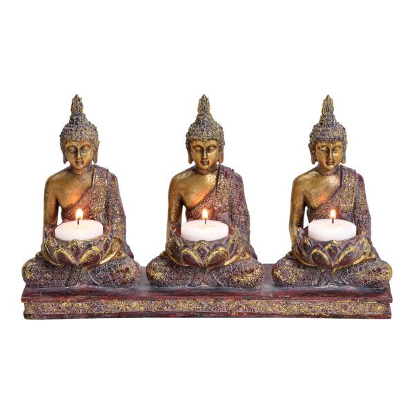Portavelas Buda para 3 velas de té, poly, brillo dorado 29x17x8cm