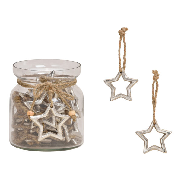 Estrella colgante de metal plateado (ancho/alto) 6x5cm, 30 piezas en vaso de 10x12x10cm