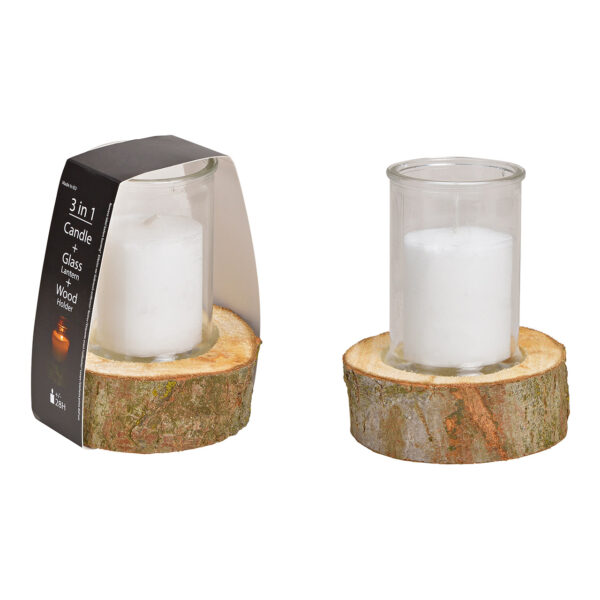Juego de velas de viento 3 en 1, cristal 8x11cm, base de madera 12x4x12cm, vela 5,8x7cm de cristal blanco, juego de 3, (ancho/alto/profundidad) 12x16x12cm