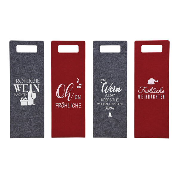 Bolsa de regalo para botella, frase navideña, de fieltro gris, rojo, 4 surtido, (ancho/alto) 14 x 41 cm
