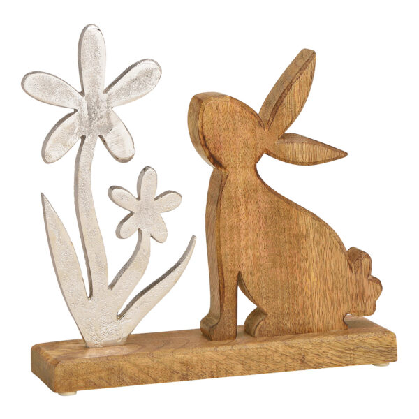 Conejo con flor en madera, metal marrón, plata (ancho/alto/profundidad) 25x25x6cm