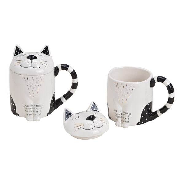 Taza gato con tapa de cerámica blanca, negra, dorada (ancho/alto/profundidad) 14x14x10cm