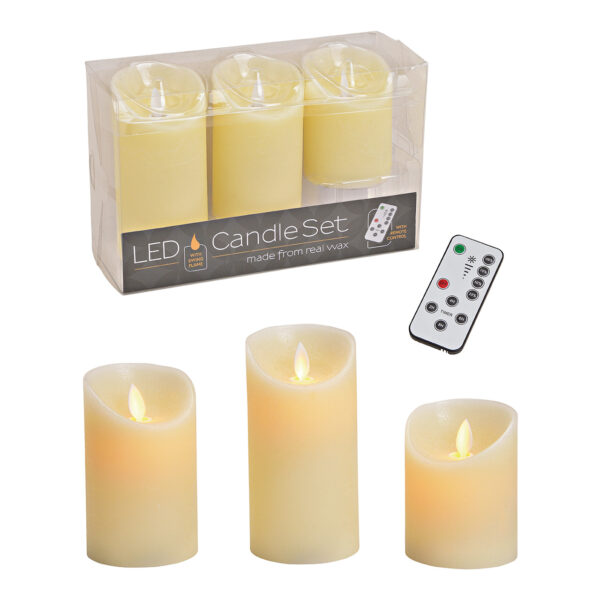 Juego de 3 velas LED con mando a distancia, luz móvil, cera, color blanco (ancho x alto x profundidad) 7 x 20 x 7 cm, 7 x 14 x 7 cm, 7 x 9 x 7 cm