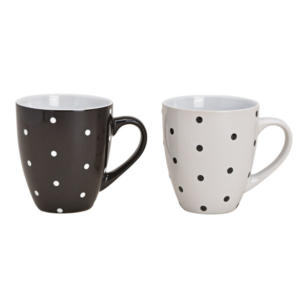 Taza de cerámica con decoración de puntos, color negro y blanco, 2 compartimentos (ancho/alto/profundidad) 13 x 10 x 9 cm, 380 ml