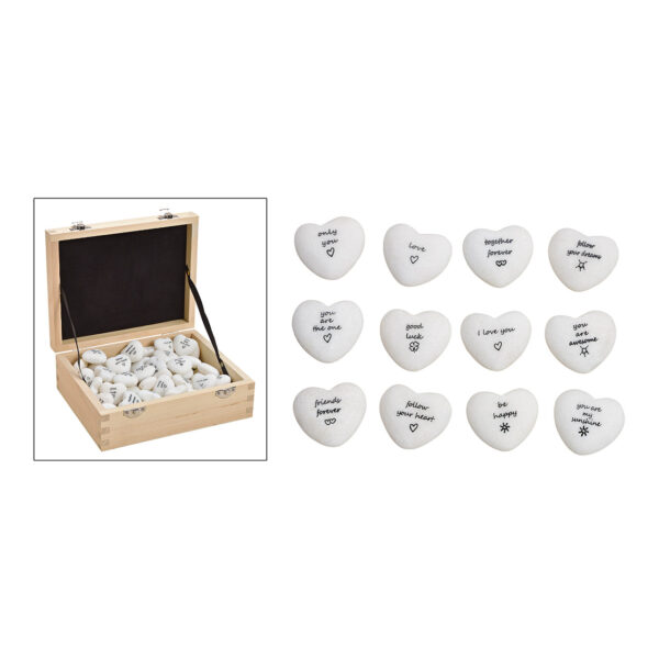 Corazón con frases de mármol blanco, 6 piezas (ancho/alto/profundidad) 3x3x1,5cm, 72 piezas en caja de madera