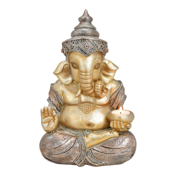 Ganesha con portavelas de poli champán (ancho/alto/profundidad) 20x31x15cm