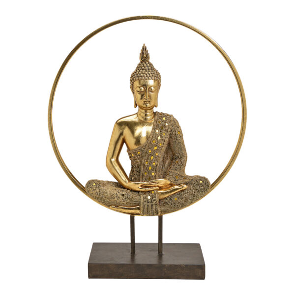 Buda en círculo de poli, metal dorado (ancho/alto/profundidad) 49x65x17cm