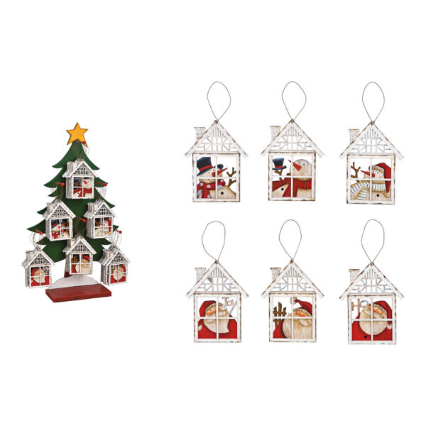 Casa colgante navideña, muñeco de nieve, decoración de Nicolás de madera blanca, 6 piezas, (ancho/alto) 10 x 13 cm, 48 piezas en exposición, árbol 33 x 59 x 11 cm