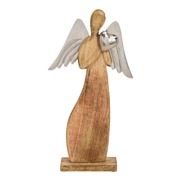 Ángel con alas de metal, corazón de madera marrón (ancho/alto/profundidad) 22x42x6cm