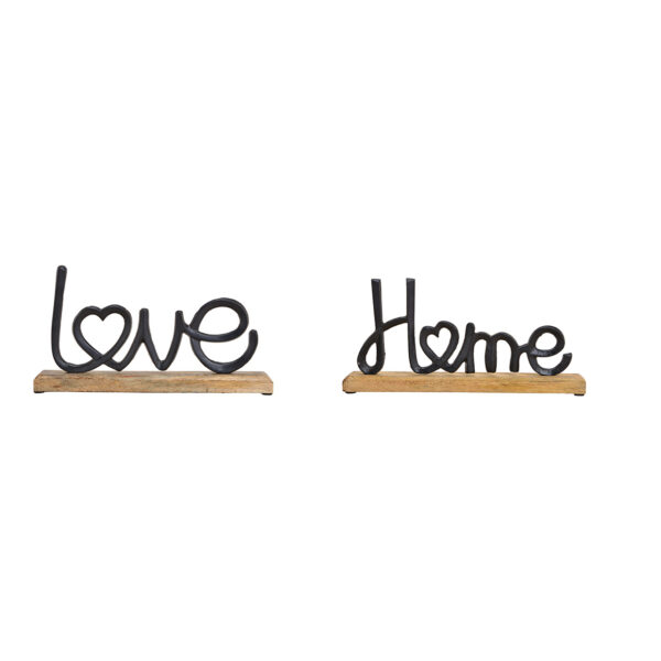 Letrero de pie con texto "love, home" sobre base de madera de metal color negro (ancho/alto/profundidad) 33x18x5cm