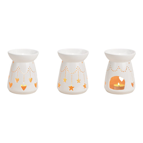 Quemador de aceite, lámpara aromática, corazón, decoración de estrella de cerámica blanca, 2 piezas, (ancho/alto/profundidad) 10x13x10cm