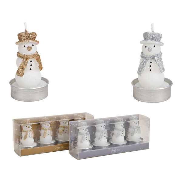 Juego de velas de té, muñeco de nieve 4x6x4cm, hecho de cera blanca, juego de 4, 2 surtido, 18x7x5cm