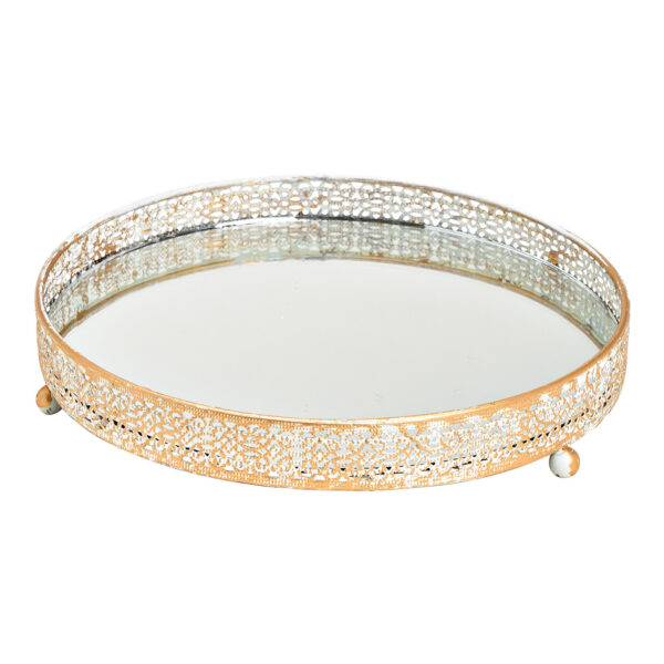 Bandeja de espejo con borde de metal blanco, dorado, 19x3x19cm