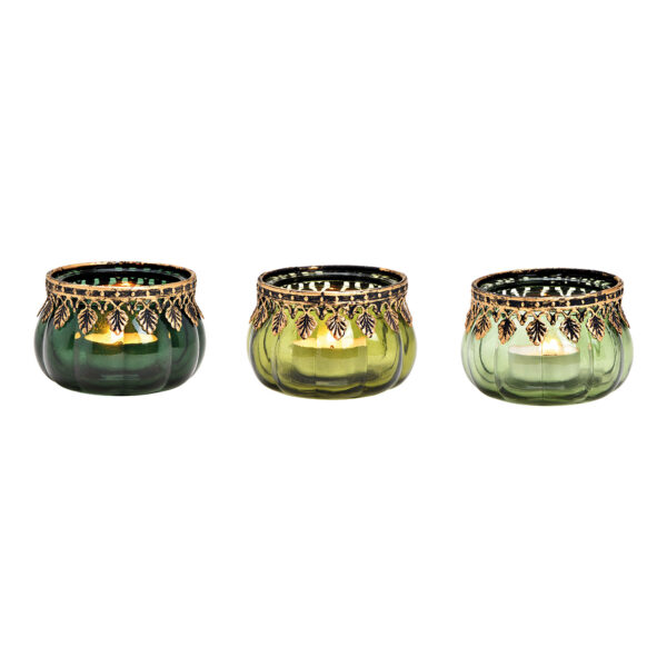 Farol con borde de metal de cristal verde 3 uds, 8x6x8cm