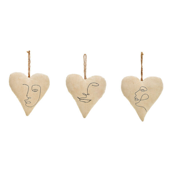 Para colgar corazón, decoración cara de textil beige 3 uds., 16x18x7cm