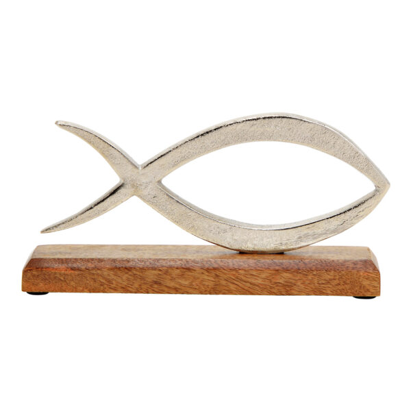 Pez cristiano sobre base de madera de mango metal plateado (An./Al./Pr.) 23x12x5cm