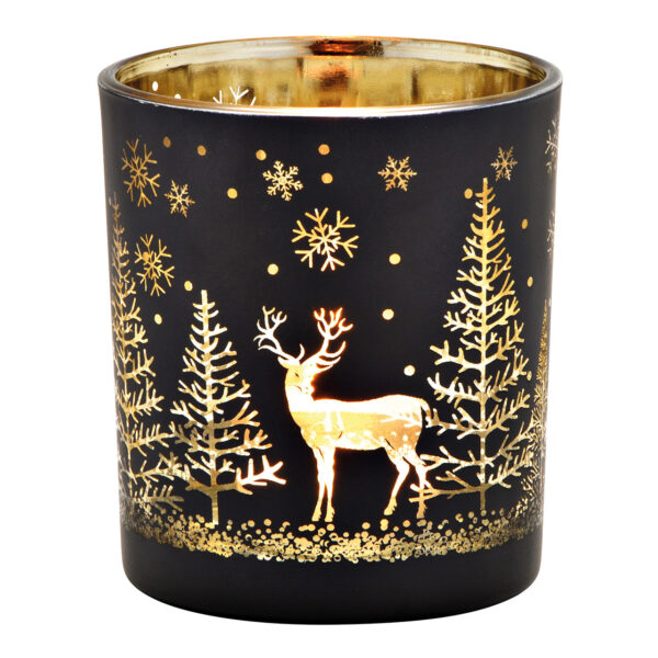 Lámpara de viento con decoración de bosque invernal de cristal negro y dorado (ancho/alto/profundidad) 9 x 10 x 9 cm