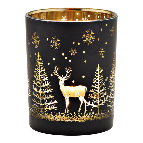 Lámpara de viento con decoración de bosque invernal de cristal negro y dorado (ancho x alto x profundidad) 10 x 12 x 10 cm
