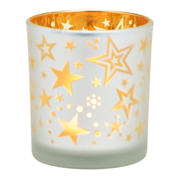Lámpara de viento con estrellas decorativas de cristal blanco y dorado (ancho x alto x profundidad) 7 x 8 x 7 cm