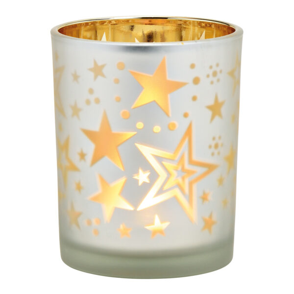 Lámpara de viento con estrellas decorativas de cristal blanco y dorado (ancho/alto/profundidad) 10 x 12 x 10 cm