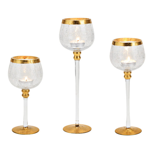 Juego de 3 velas de viento con forma de cáliz de cristal transparente, dorado, 20 cm/25 cm/30 cm x Ø9 cm