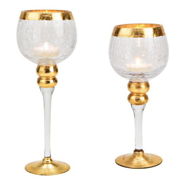 Juego de velas de viento con forma de cáliz de cristal agrietado, transparente, dorado, juego de 2, 30 cm/35 cm/40 cm x Ø13 cm