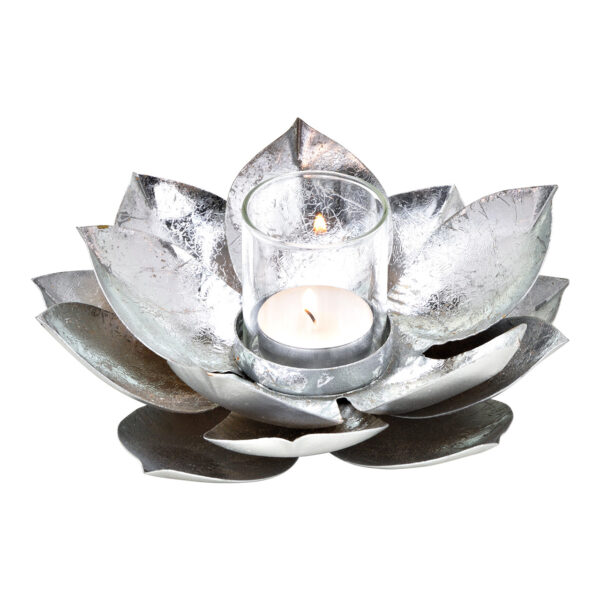 Lámpara de viento Lotus de metal/cristal plateado (B/H/T) 18x8x18cm