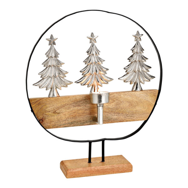 Árbol de Navidad con soporte circular, con portavelas, fabricado en madera de mango, metal marrón (ancho/alto/profundidad) 35 x 43 x 10 cm