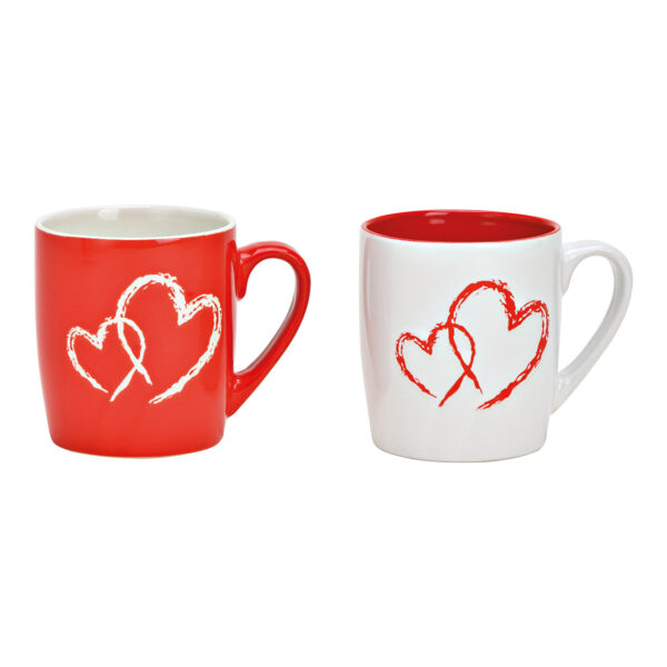 Taza de cerámica con decoración de corazón en rojo y blanco, 2 compartimentos, (ancho/alto/profundidad) 11 x 9 x 8 cm