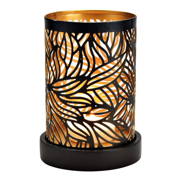 Lámpara de viento con flores decorativas sobre base de madera de mango de metal Negro, dorado (An./Al./Pr.) 12x16x12cm