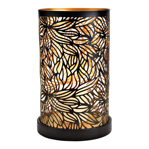 Lámpara de viento con flores decorativas sobre base de madera de mango de metal Negro, dorado (An./Al./Pr.) 16x27x16cm