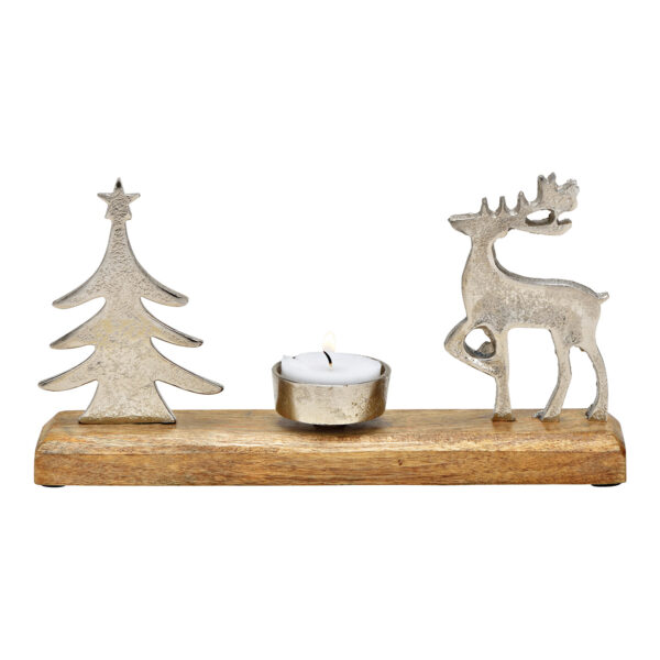 Portavelas en forma de árbol, decoración de ciervo sobre base de madera de mango de metal plateado (ancho/alto/profundidad) 23 x 12 x 5 cm