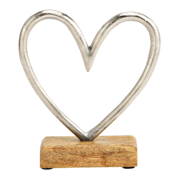 Corazón sobre base de madera de mango de metal plateado (An./Al./Pr.) 16x17x5cm