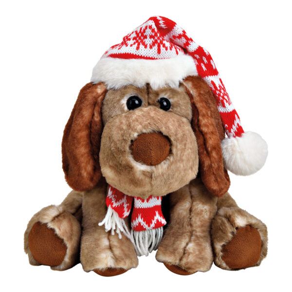 Perro con gorro navideño Marrón de peluche (An./Al./Pr.) 23x24x25cm