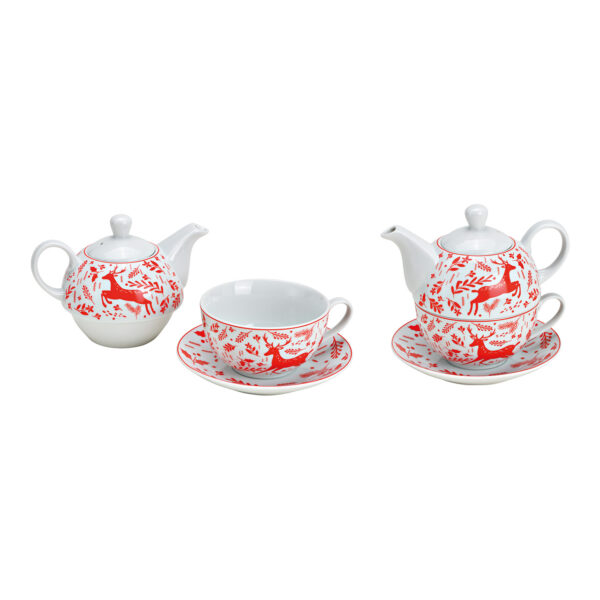 Juego de tetera de porcelana roja con decoración de ciervos, juego de 3, (ancho/alto/profundidad) 16x15x15cm 400/200ml