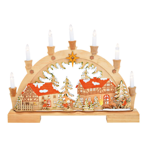 Arco de luz con escena invernal con 7 LED de madera natural (An./Al./Pr.) 45x33x6cm
