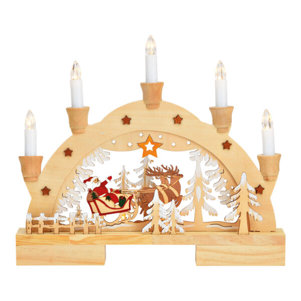 Arco de luz trineo de Papá Noel con 5 LED de madera natural (An./Al./Pr.) 32x27x5cm