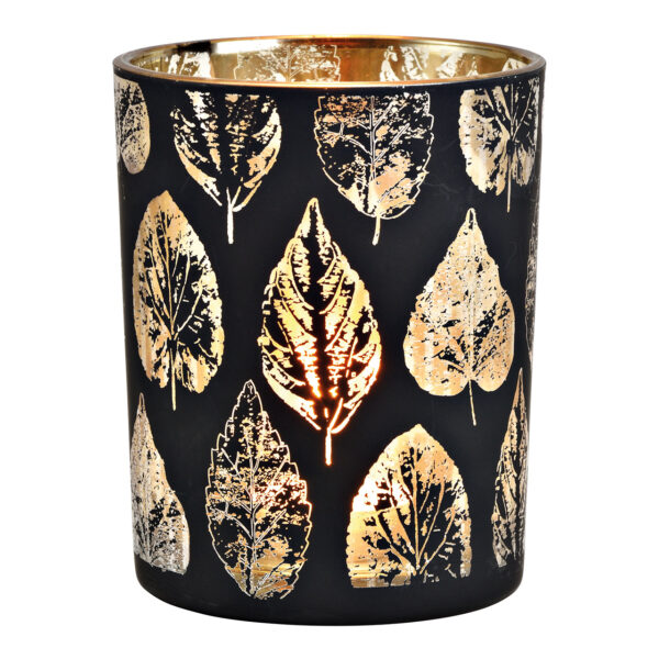 Farol de hoja de decoración de cristal Negro, dorado (An./Al./Pr.) 10x12x10cm