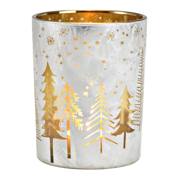 Árbol de Navidad con luces de viento, decoración de cristal, blanco y dorado (ancho x alto x profundidad): 10 x 12 x 10 cm