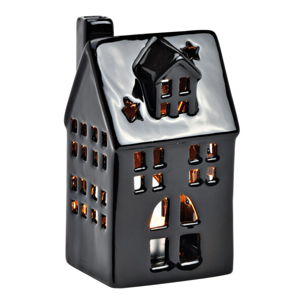 Casita de porcelana con luz de viento negra (An./Al./Pr.) 7x13x6cm