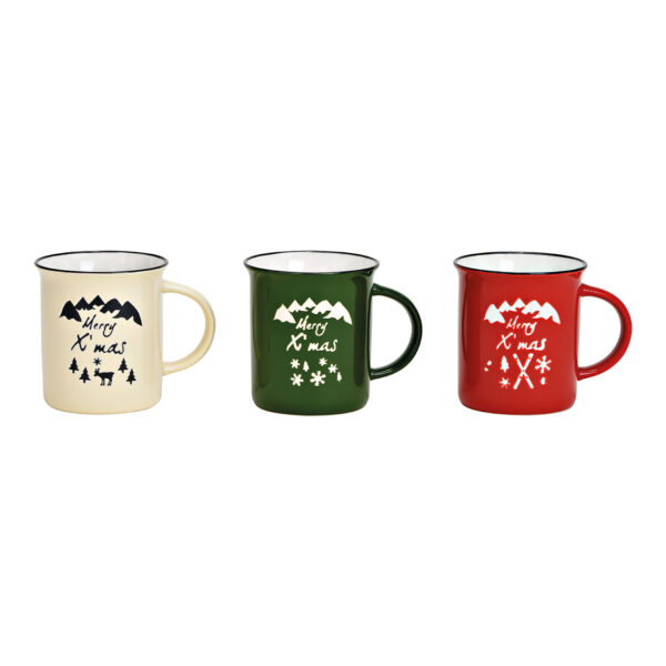 Taza de cerámica con decoración navideña, roja, verde y blanca, 3 compartimentos, (ancho x alto x profundidad) 11 x 9 x 8 cm, 330 ml