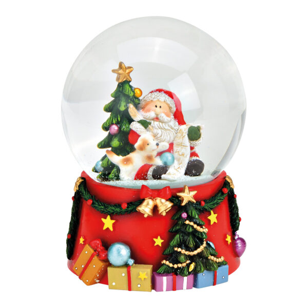 Caja de música, bola de nieve Papá Noel con perro de poli, cristal, color: 10 x 14 x 10 cm