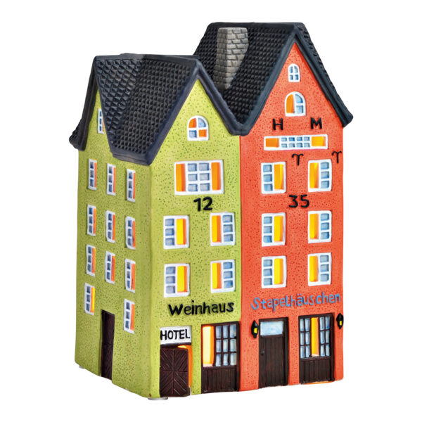 Casa de vinos con luz, casa apilable, Colonia de porcelana Colorida (An./Al./Pr.) 11x18x11cm