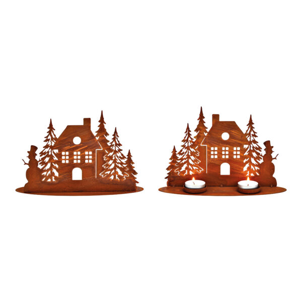 Casita portavelas, acabado rojizo, para 2 velas de té, metal marrón (An./Al./Pr.) 25x16x8cm