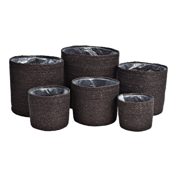 Juego de maceteros de algas revestidos con papel de aluminio, material natural Negro Juego de 6, (An./Al./Pr.) 28x28x28cm 25x25x25cm 22x22x22cm 20x18x20cm 17x16x17cm 14x14x14cm28x28x28cm 4007698396381 25x25x25cm 4007698396336 22x22x22cm 4007698396343 20x18x20cm 4007698396350 17x16x