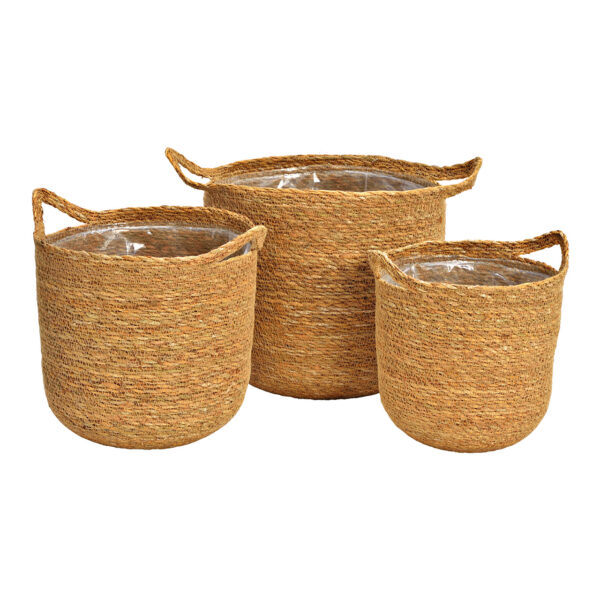 Juego de maceteros de algas marinas forrados con papel de aluminio, material natural, juego de 3, (ancho/alto/profundidad) 25x24x25cm 22x22x22cm 19x20x19cm25x24x25cm 4007698396510 22x22x22cm 4007698396497 19x20x19cm 4007698396503